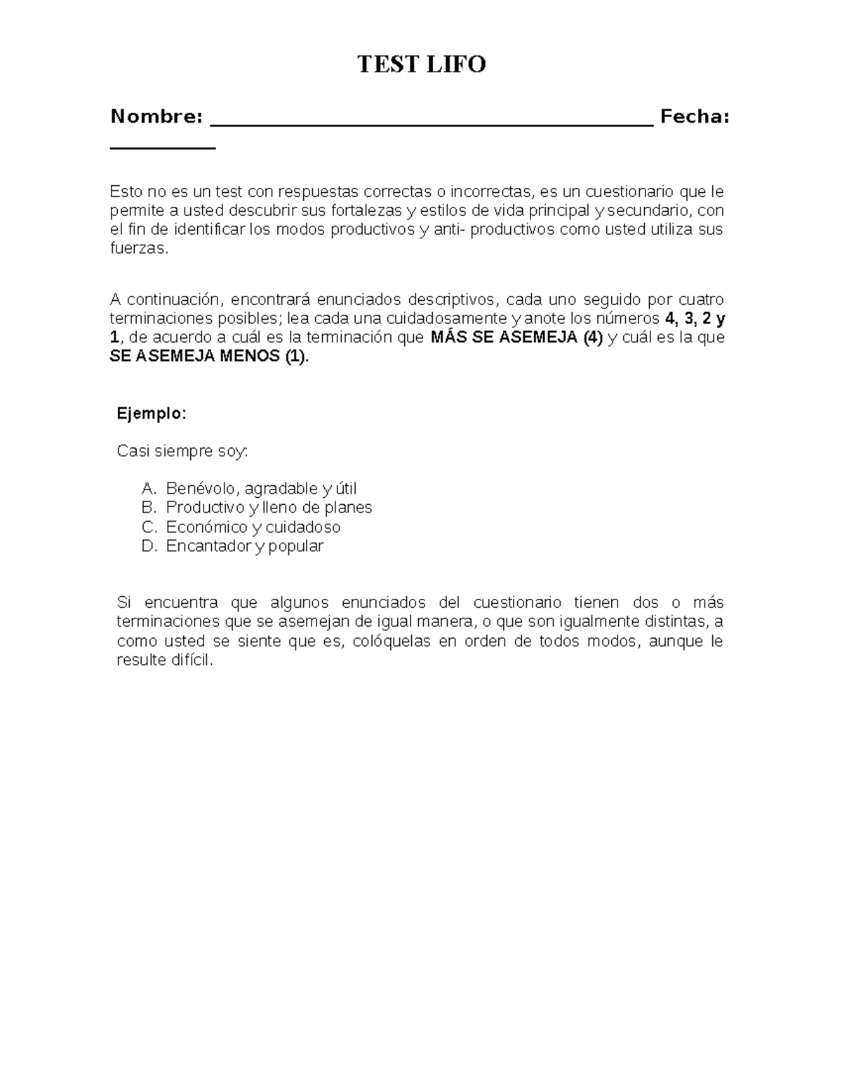 Test Lifo - Evaluación Psicométrica y Estilos de Vida - Studocu
