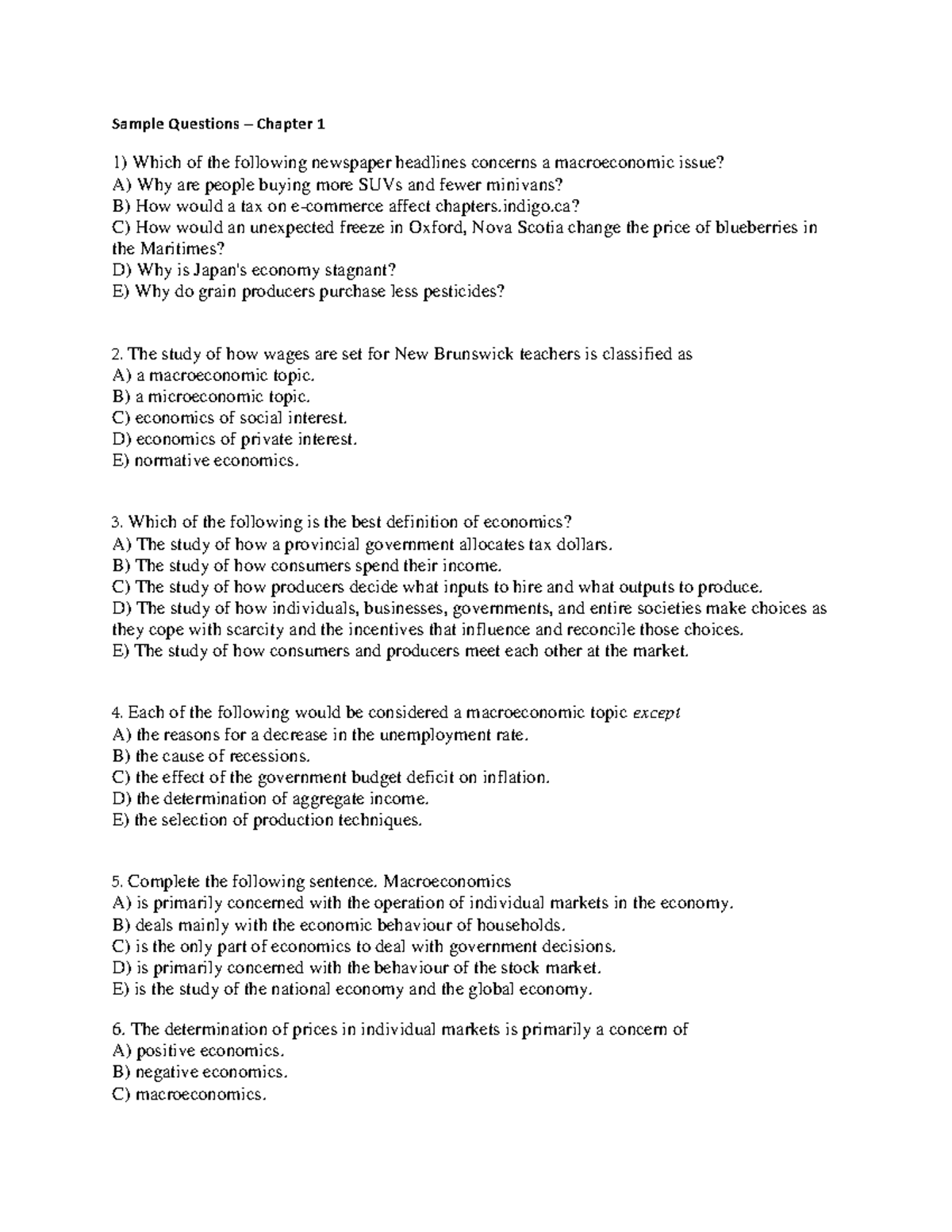 Practice Exam Questions for Economics Chapter 1 - Studocu