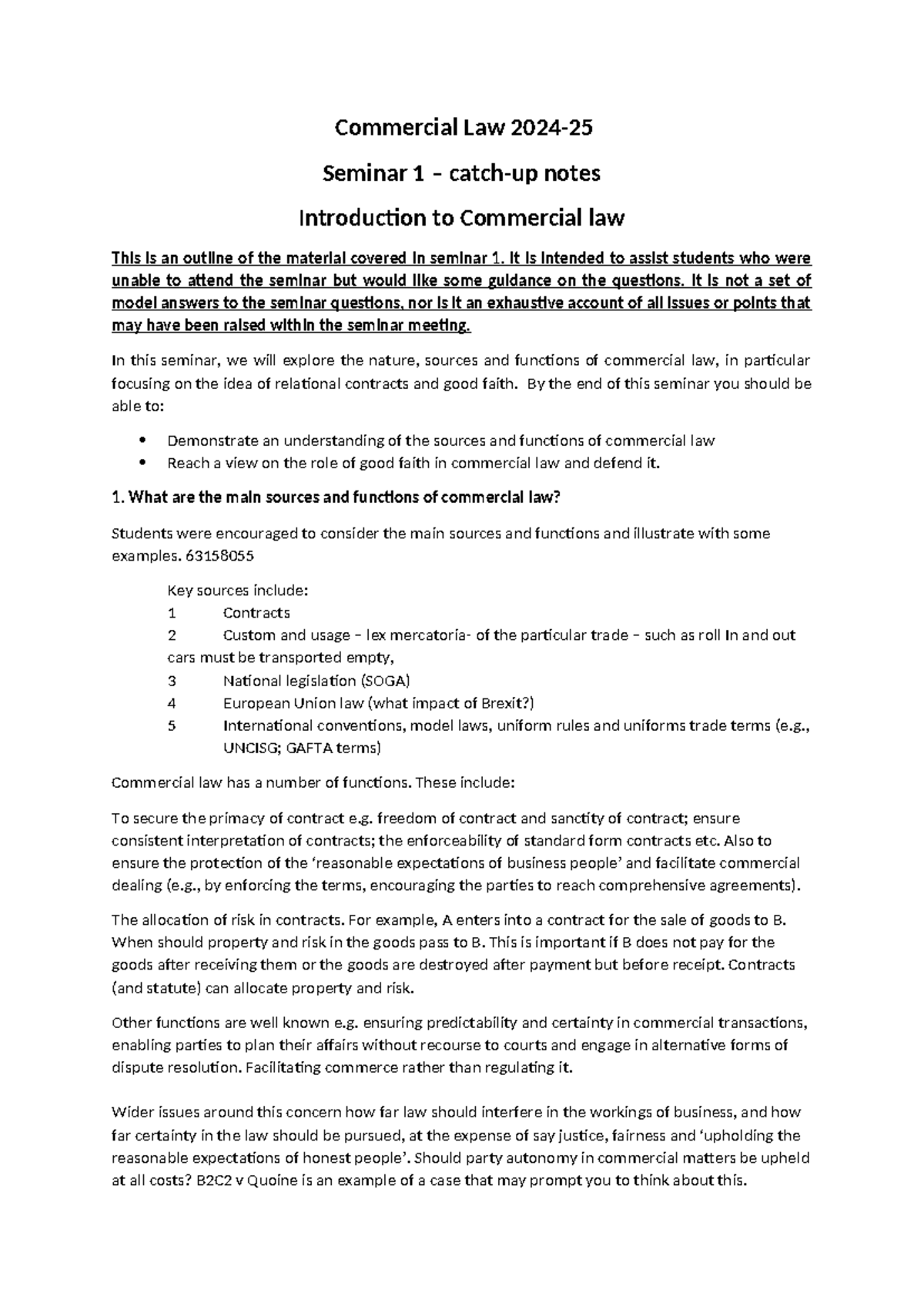 Commercial seminar 1 - Commercial Law 2024- Seminar 1 – catch-up notes ...