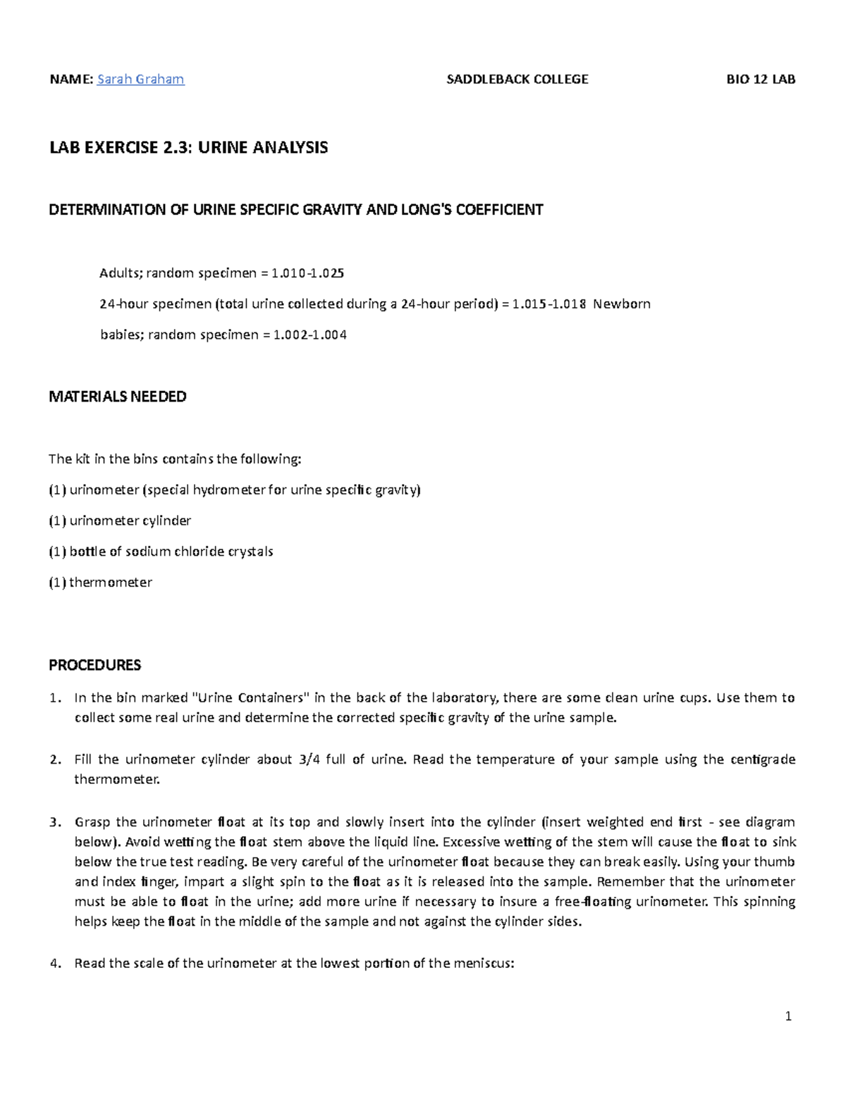 LAB Exercise 2.3: Comprehensive Urine Analysis Techniques and ...