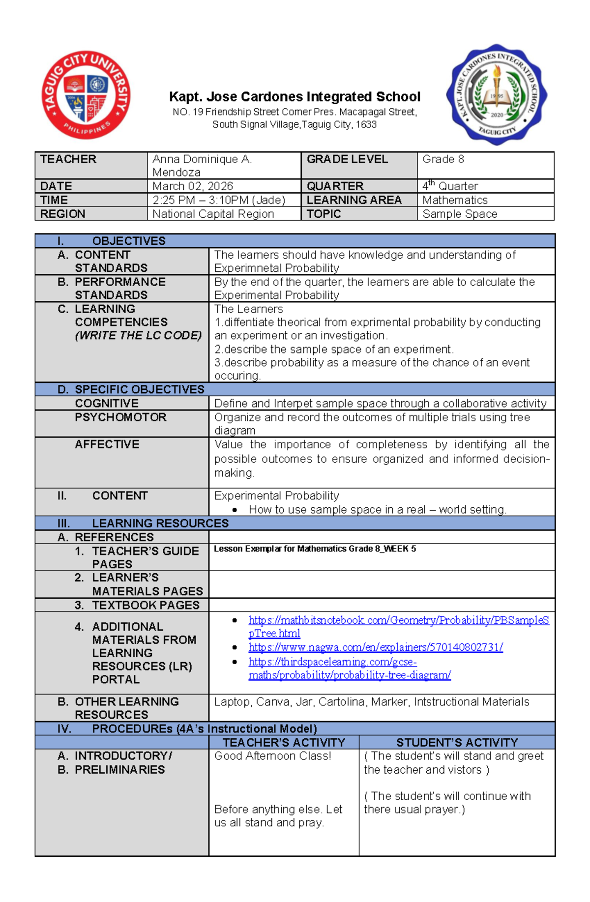 4A - Detailed Lesson Plan on Experimental Probability for Grade 8 - Studocu