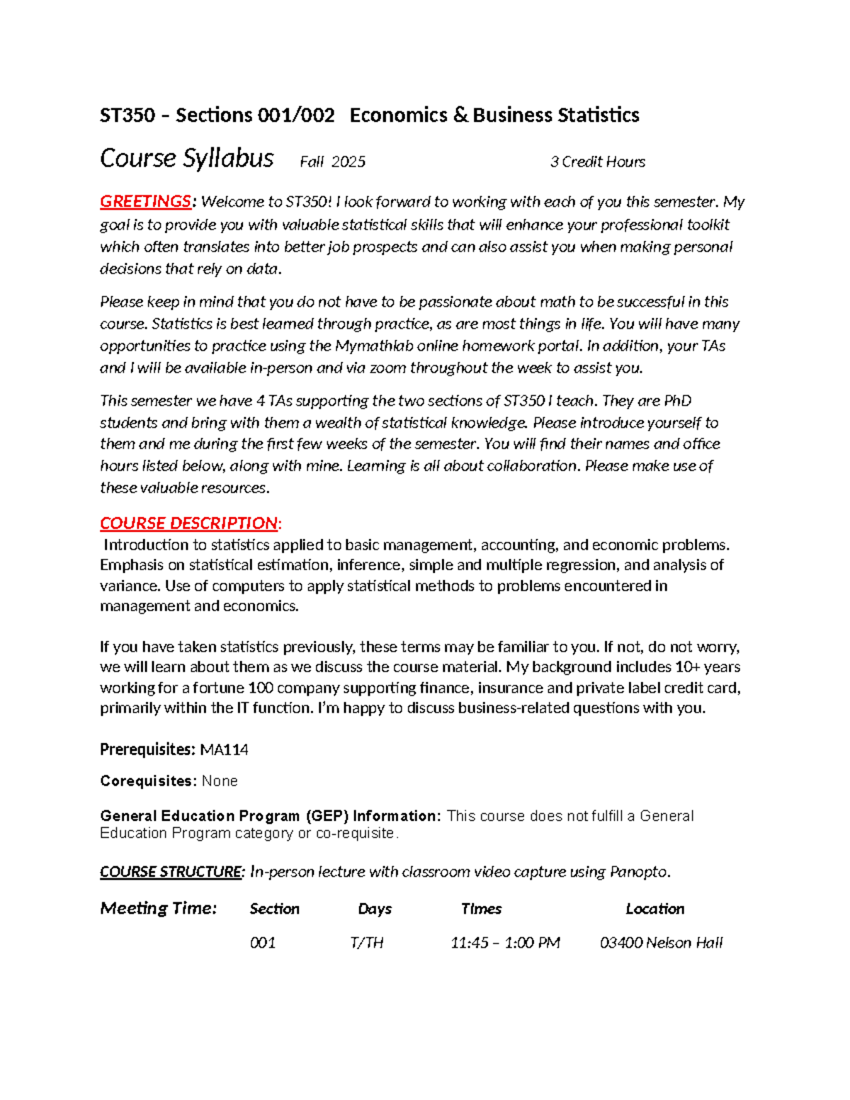 Syllabus for ST350: Business Statistics Course - Fall 2025 - Studocu
