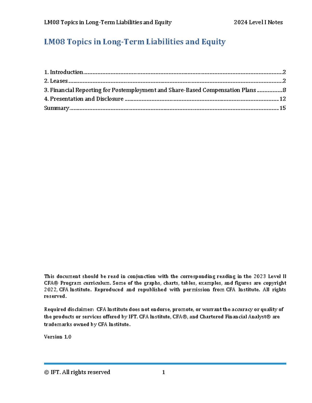 LM08 2024 Level I Notes on Liabilities and Equity Overview - Studocu