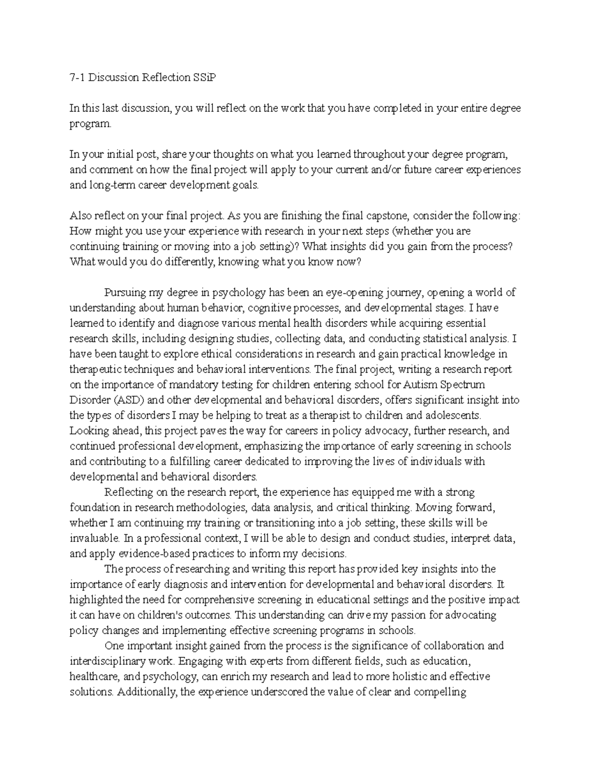 7-1 Discussion Reflection on SSiP Capstone Experience - Studocu