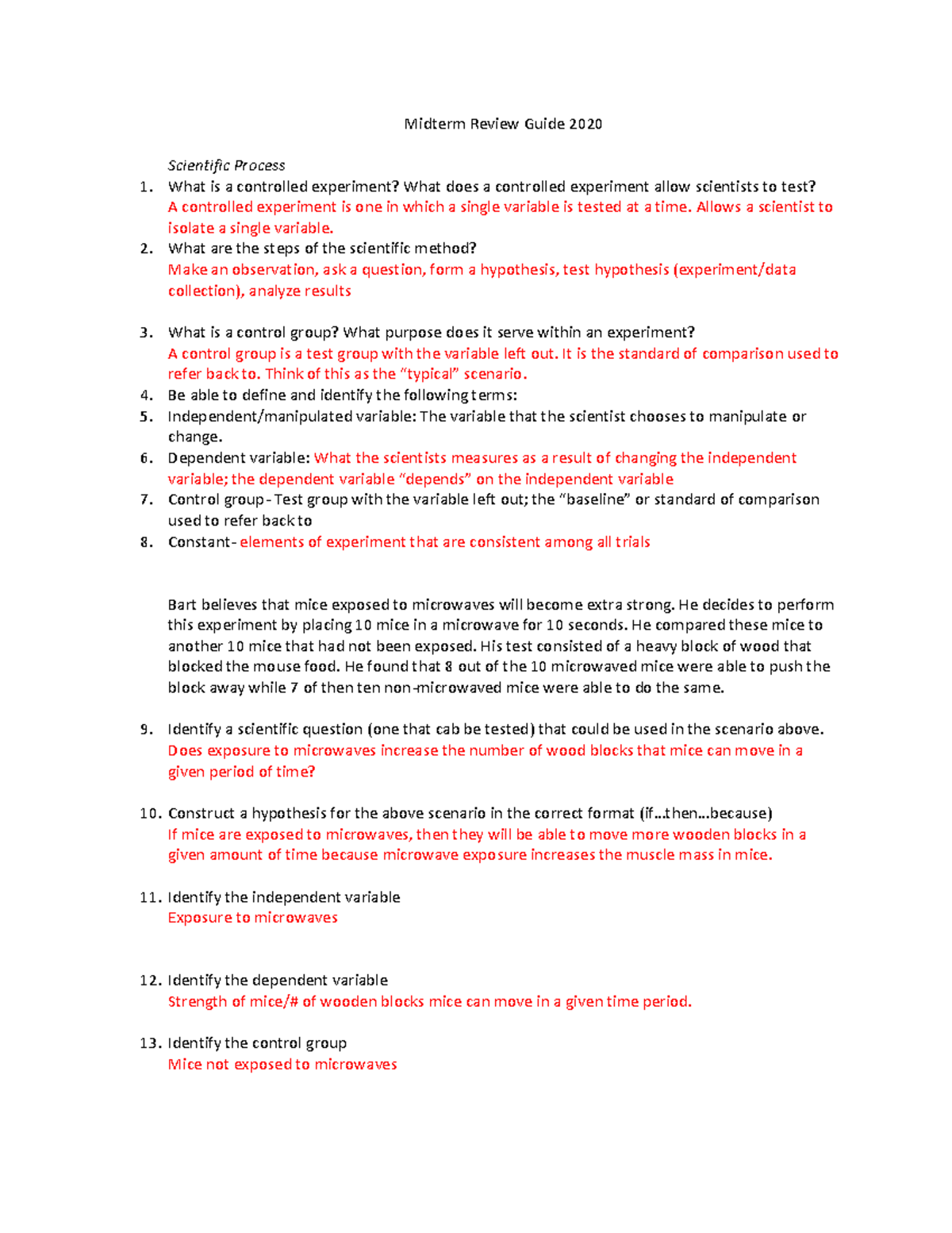 Midterm Review Guide Key for Biology 101: Scientific Process & Concepts ...