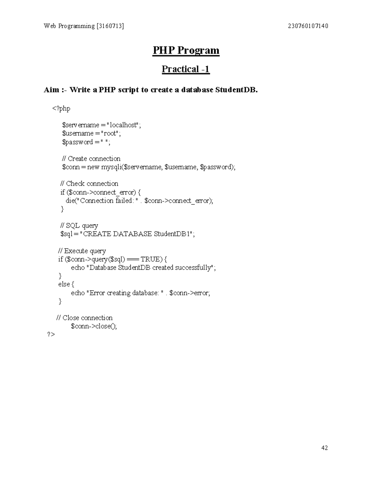 Web Programming 230760107140 PHP Practical: Database Operations - Studocu