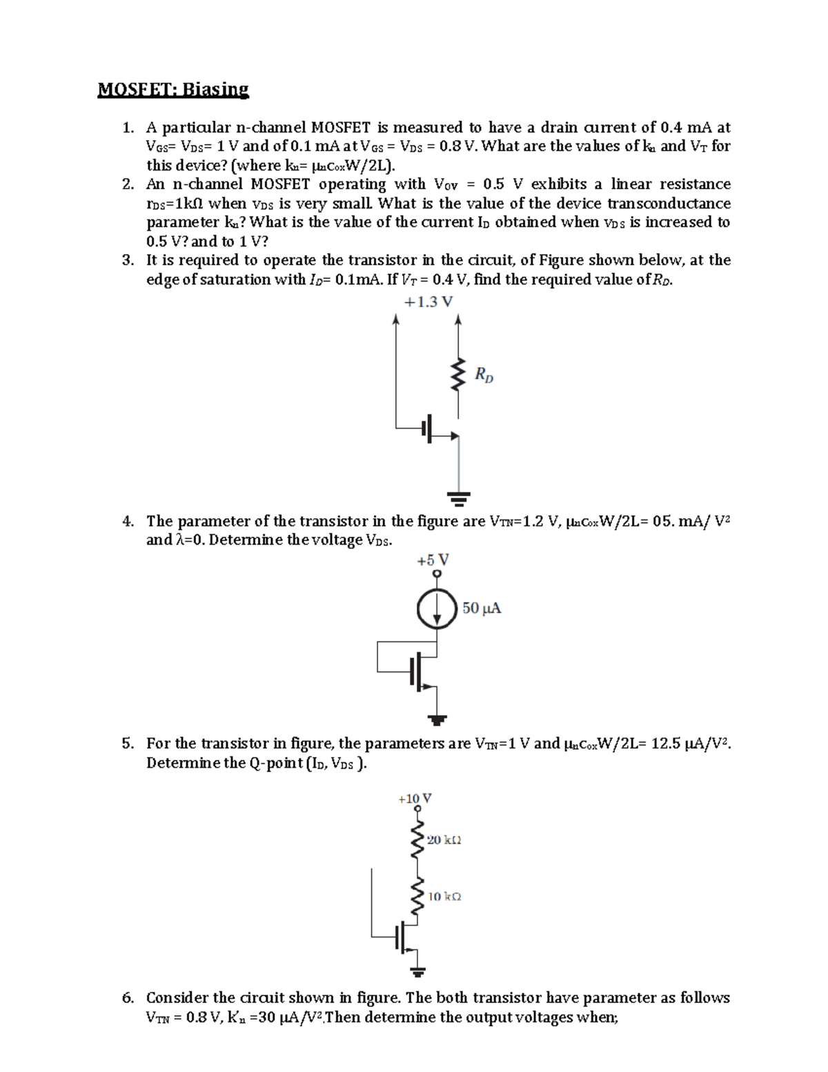 MOSFET Biasing Questions: Analysis and Calculations - Studocu