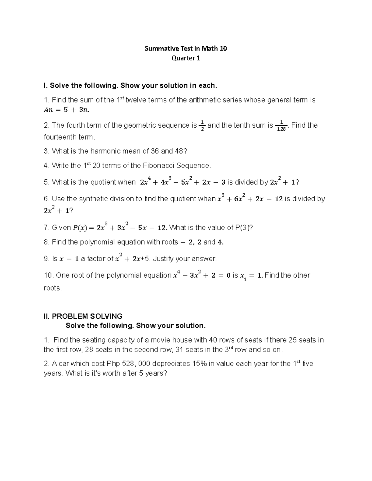 Summative Test in Math 10: Quarter 1 Problem Solving - Studocu
