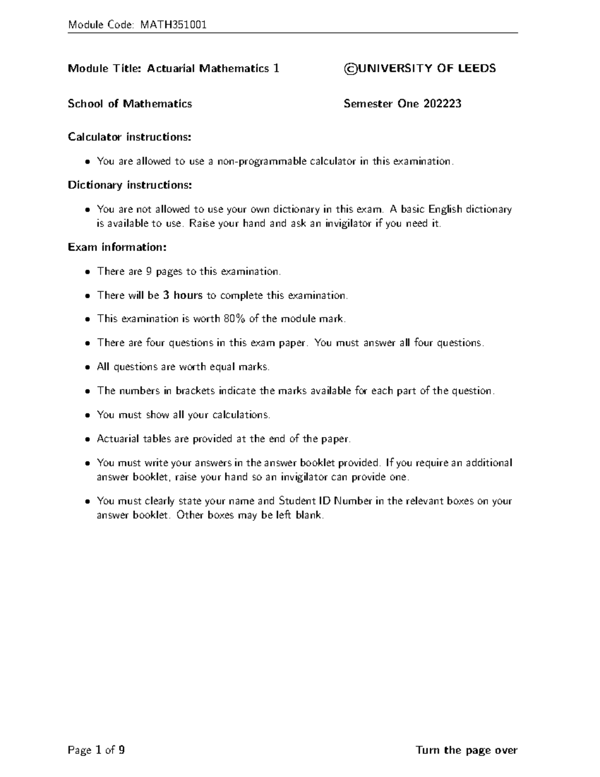 Actuarial Mathematics 1 Exam Paper Jan 2023 - University of Leeds - Studocu
