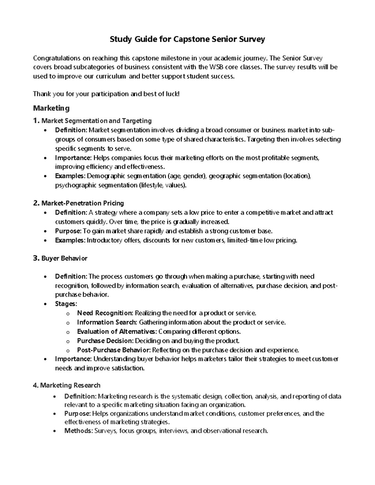 Capstone Senior Survey Study Guide for WSB Core Classes - Studocu