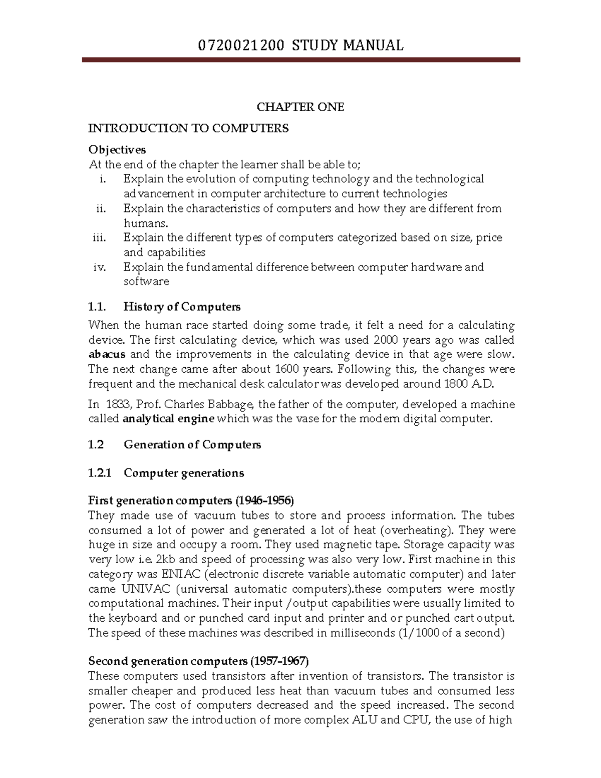 0720021200 Study manual chapter one: Introduction to computers - Studocu