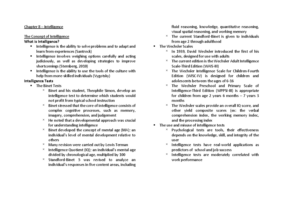 Chapter 8 - Intelligence Overview & Key Theories (Santrock, 2014) - Studocu