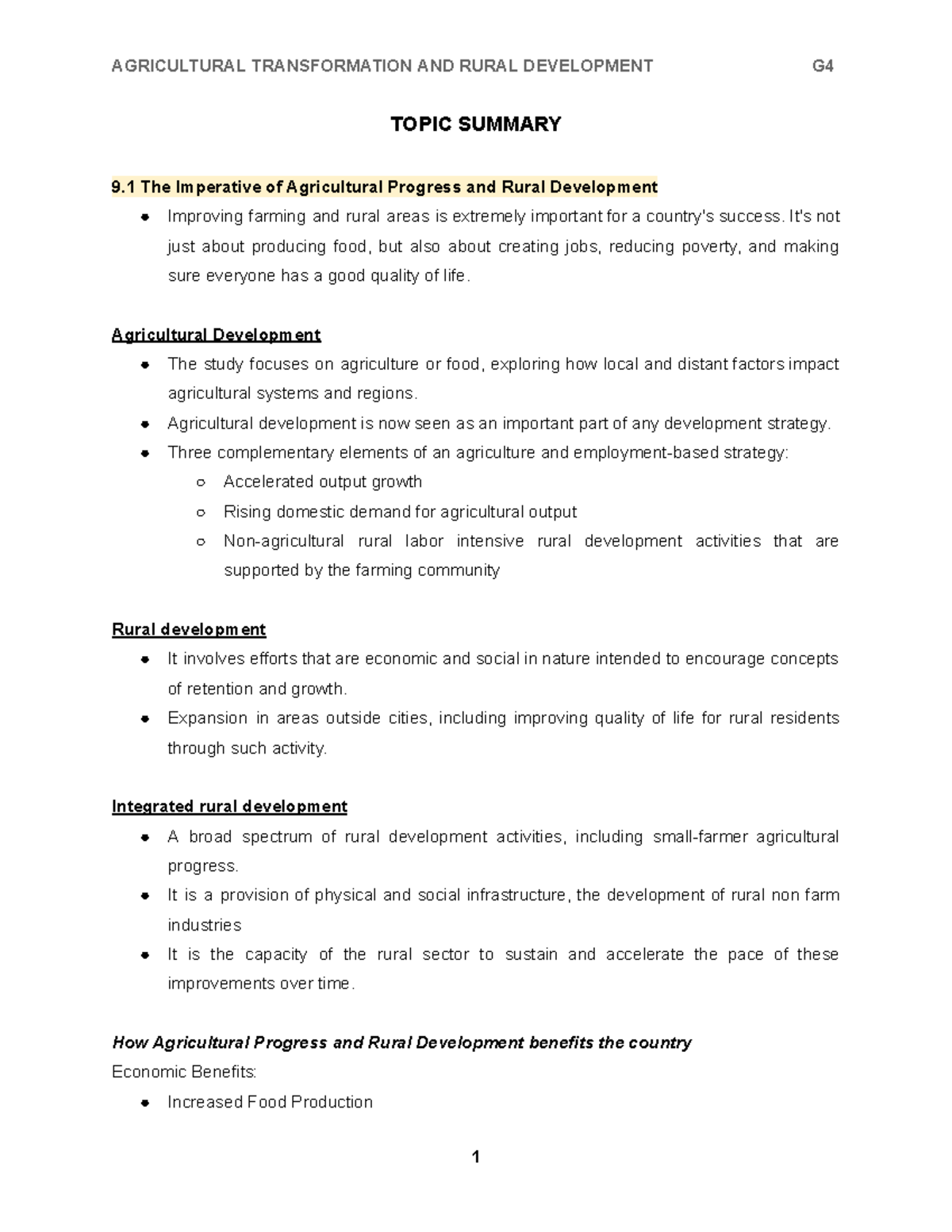 G4 - Agricultural Transformation and Rural Development - TOPIC SUMMARY ...