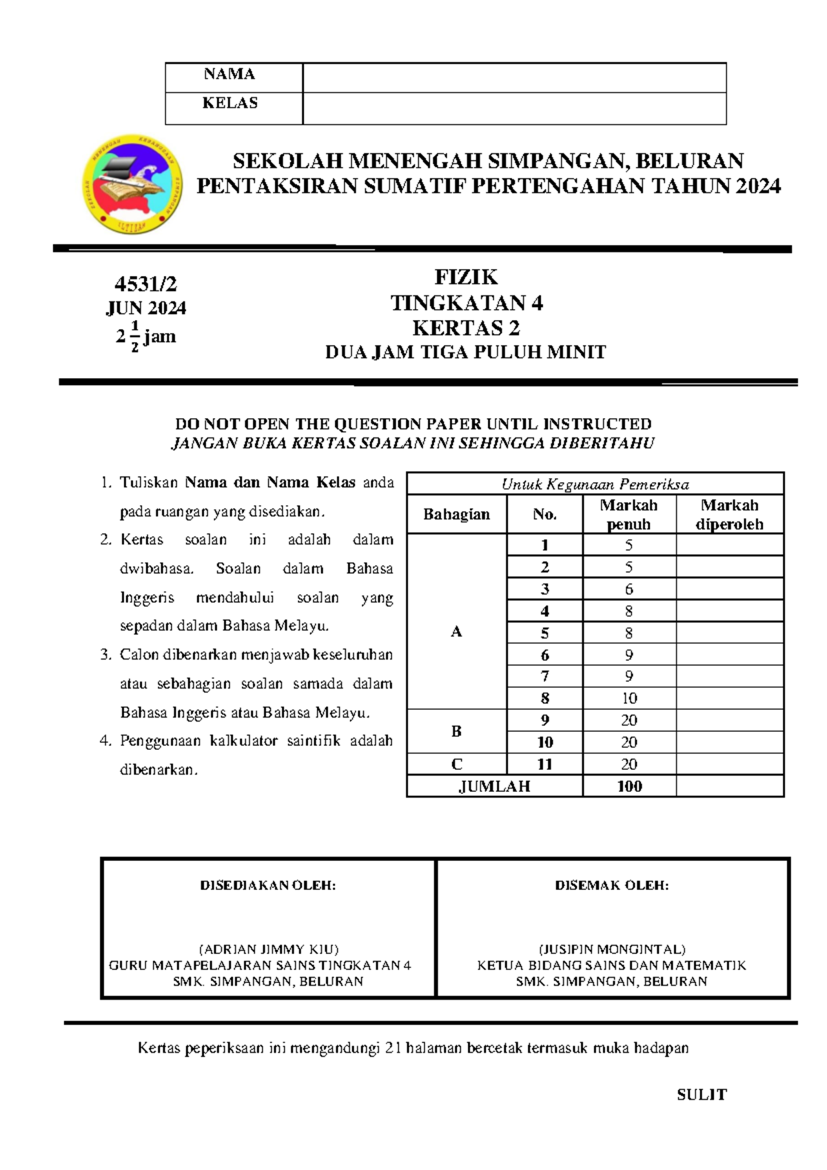 Cover Physics FORM 4 Paper 2 - Midterm Assessment June 2024 - Studocu