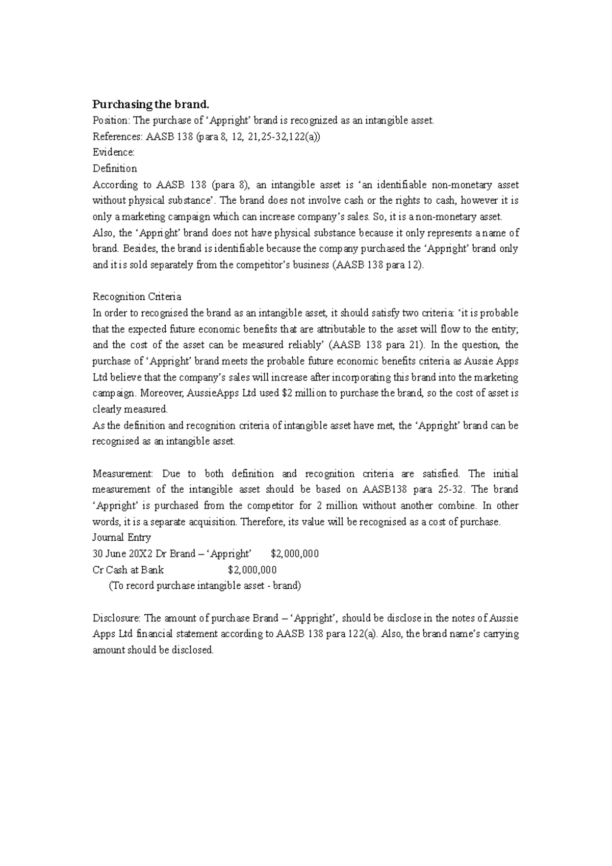 AASB 138: Intangible Asset Recognition & Measurement - Tutorial 8 - Studocu