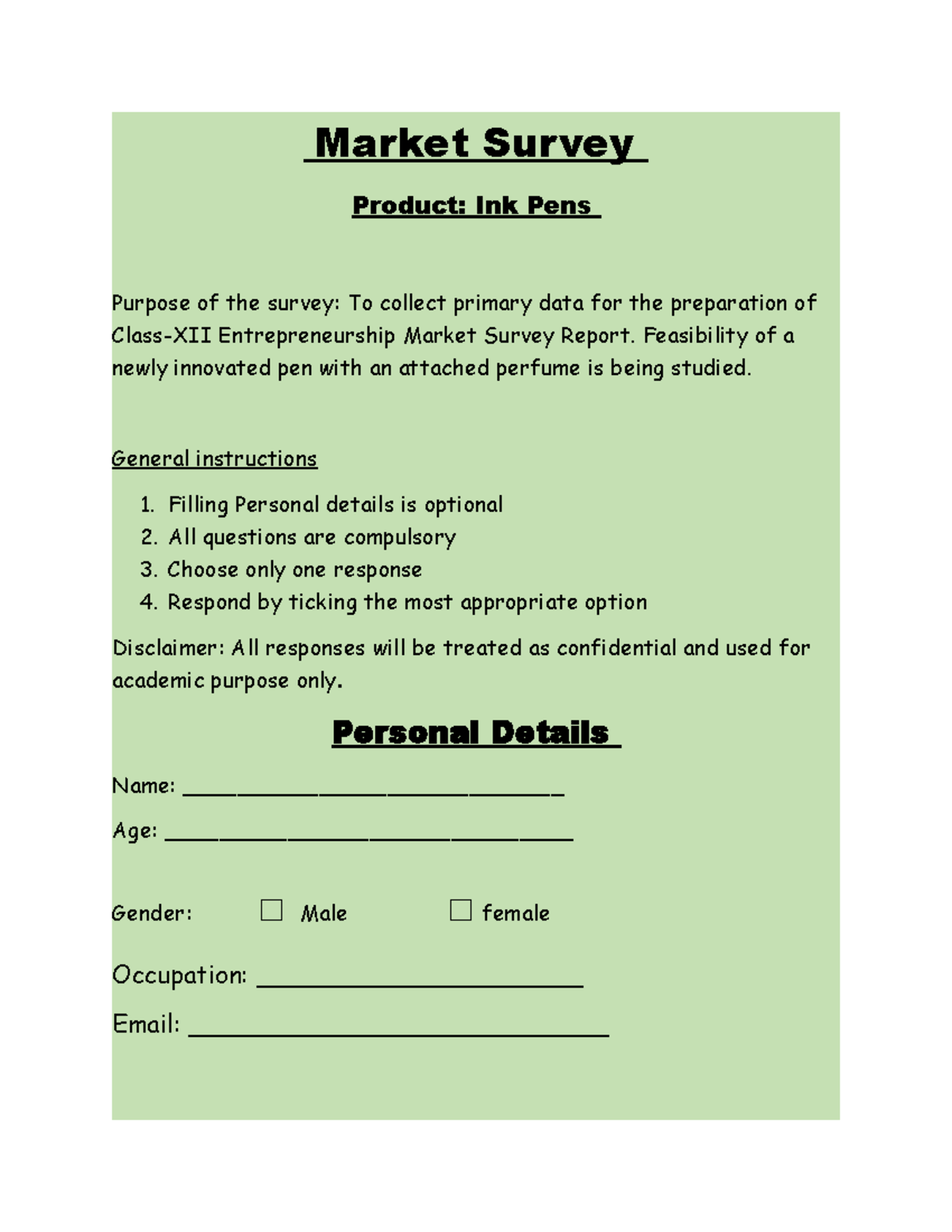 Market Survey (Class-XII): Ink Pens Feasibility Study Questionnaire ...