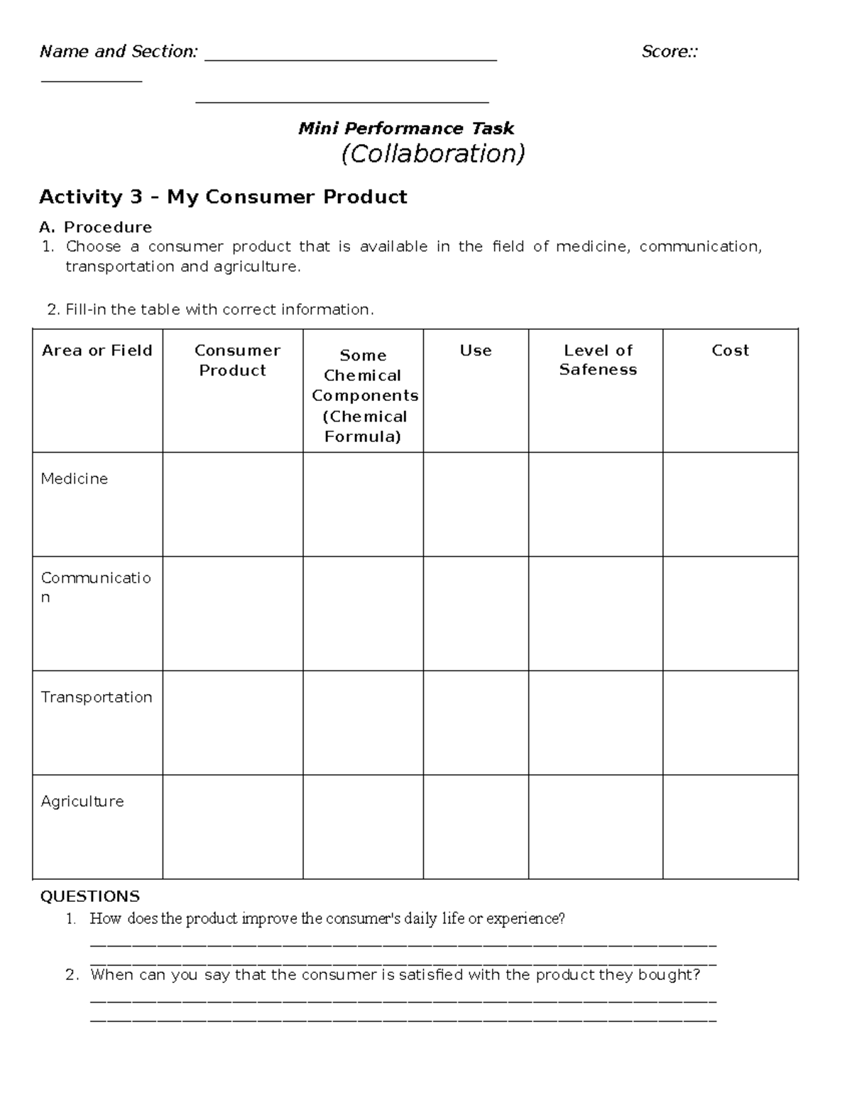 Consumer Product - Procedure 1. Choose a consumer product that is ...