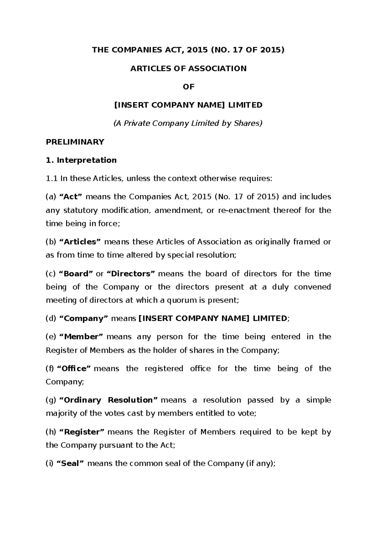 Draft Articles of Association under the Companies Act, 2015 - Studocu