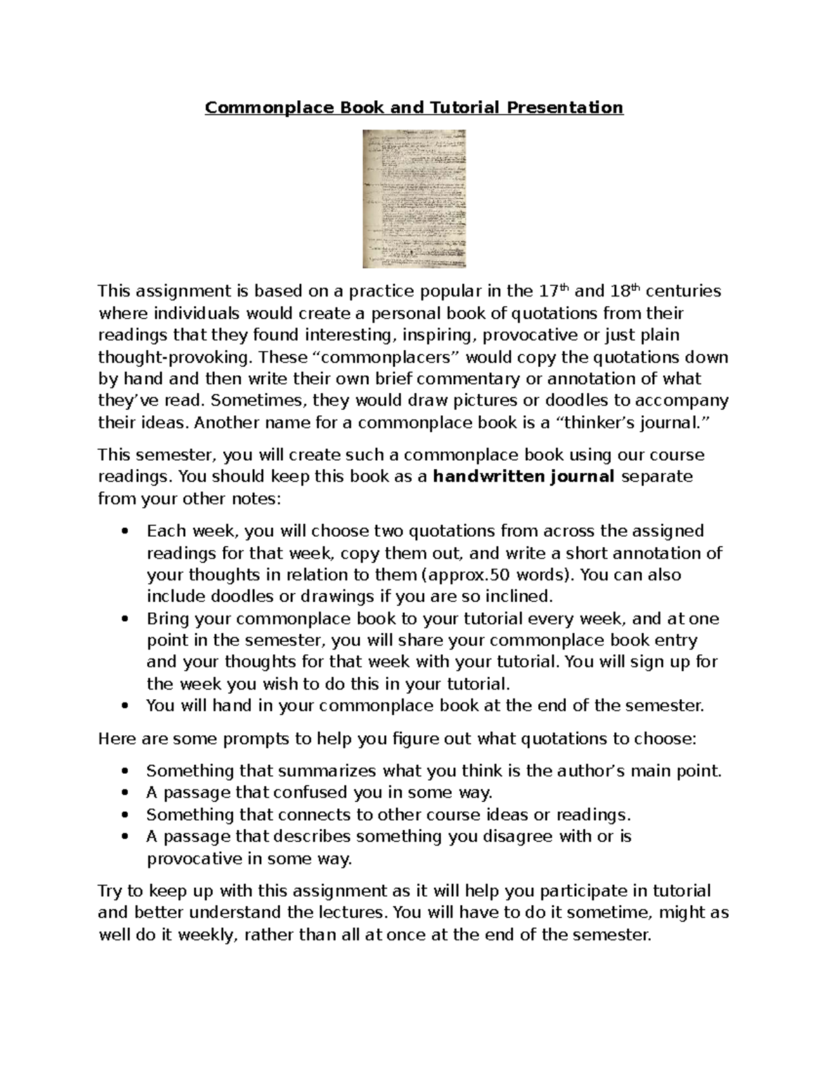 Commonplace Book Assignment & Tutorial Presentation Guide - Studocu