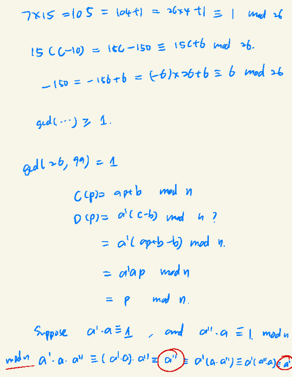 13 - Notes - 7 × 15 = 105 = lo 4 t 1 = 26 × 4 t 1 ≡ 1 mod 26 15 CC 10 ...