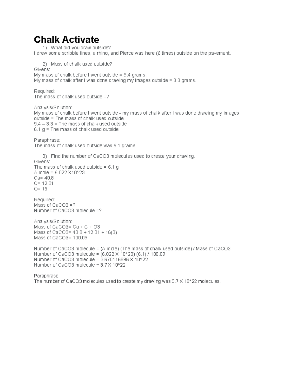 Chalk Activity Report: Mass Used and CaCO3 Molecules - Studocu