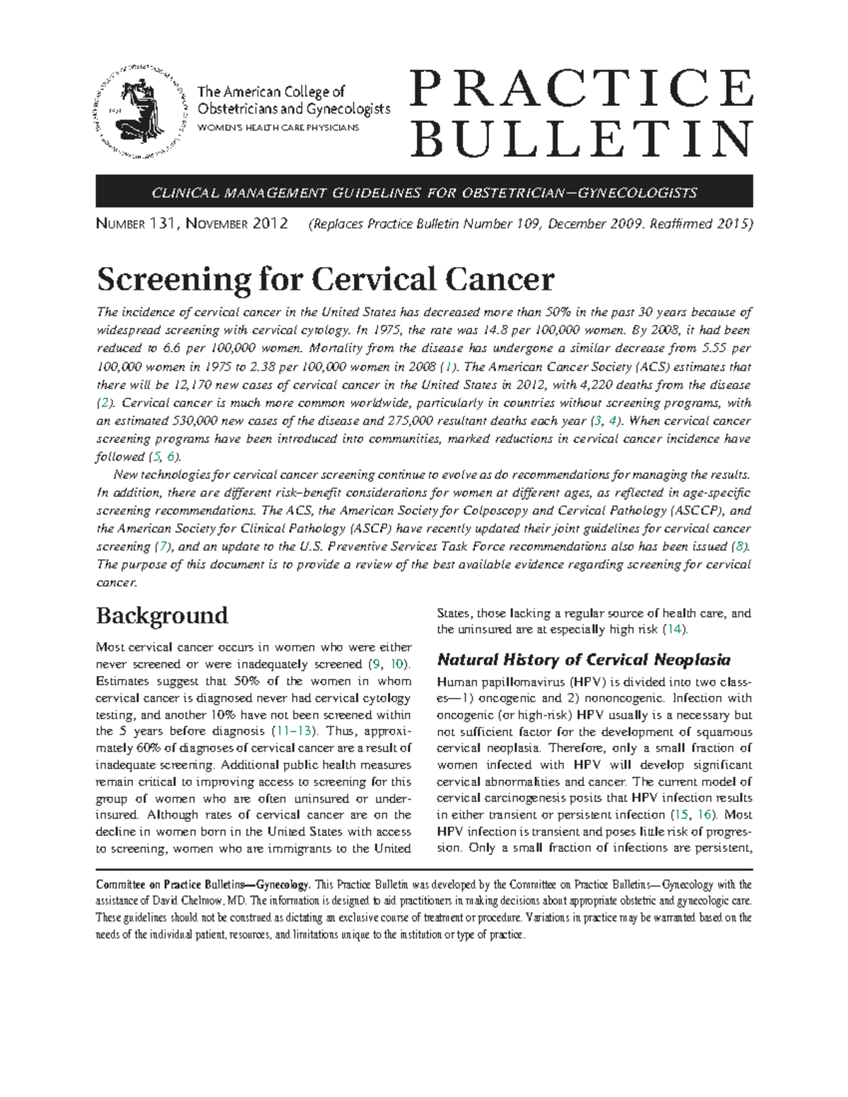 Clinical Management Guidelines for Cervical Cancer Screening (Practice ...