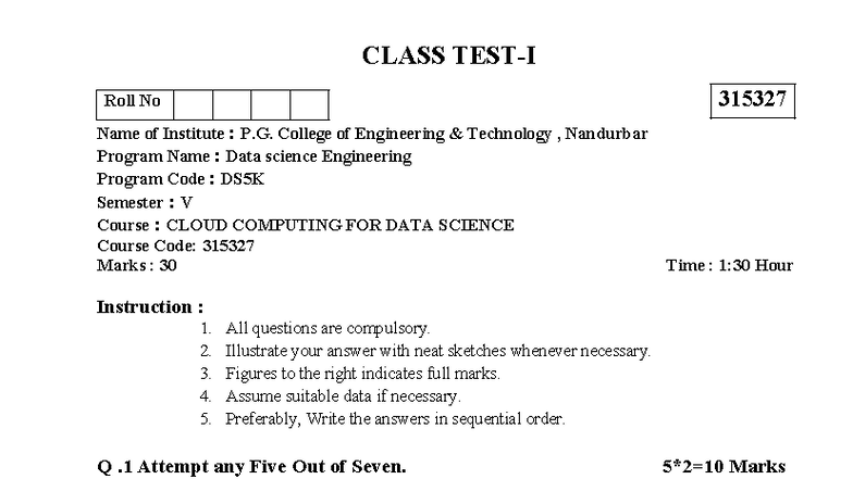 CLOUD COMPUTING FOR DATA SCIENCE (DS5K) Class Test 1 - Final Exam - Studocu