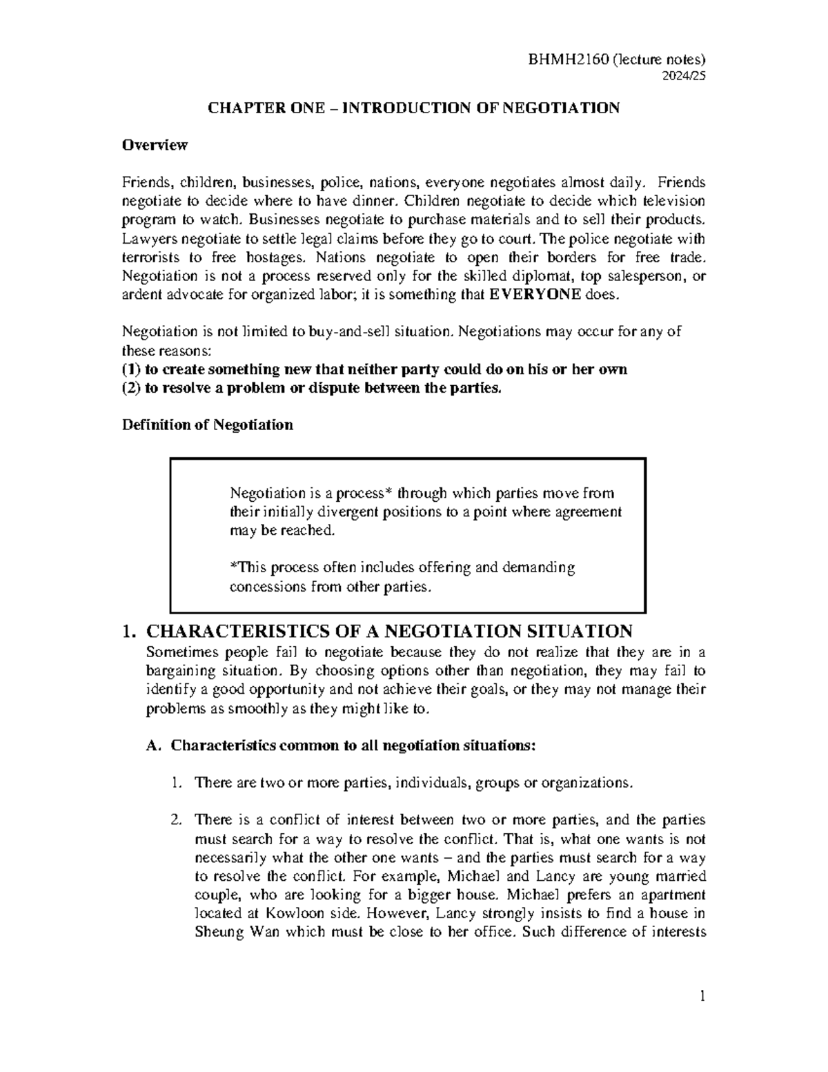 BHMH2160 Lecture Notes: Chapter 1 - Introduction to Negotiation - Studocu