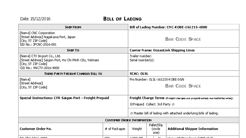 Mẫu Bill Of Lading File Word - Date 15/12/2016 BILL OF LADING SHIP FROM ...
