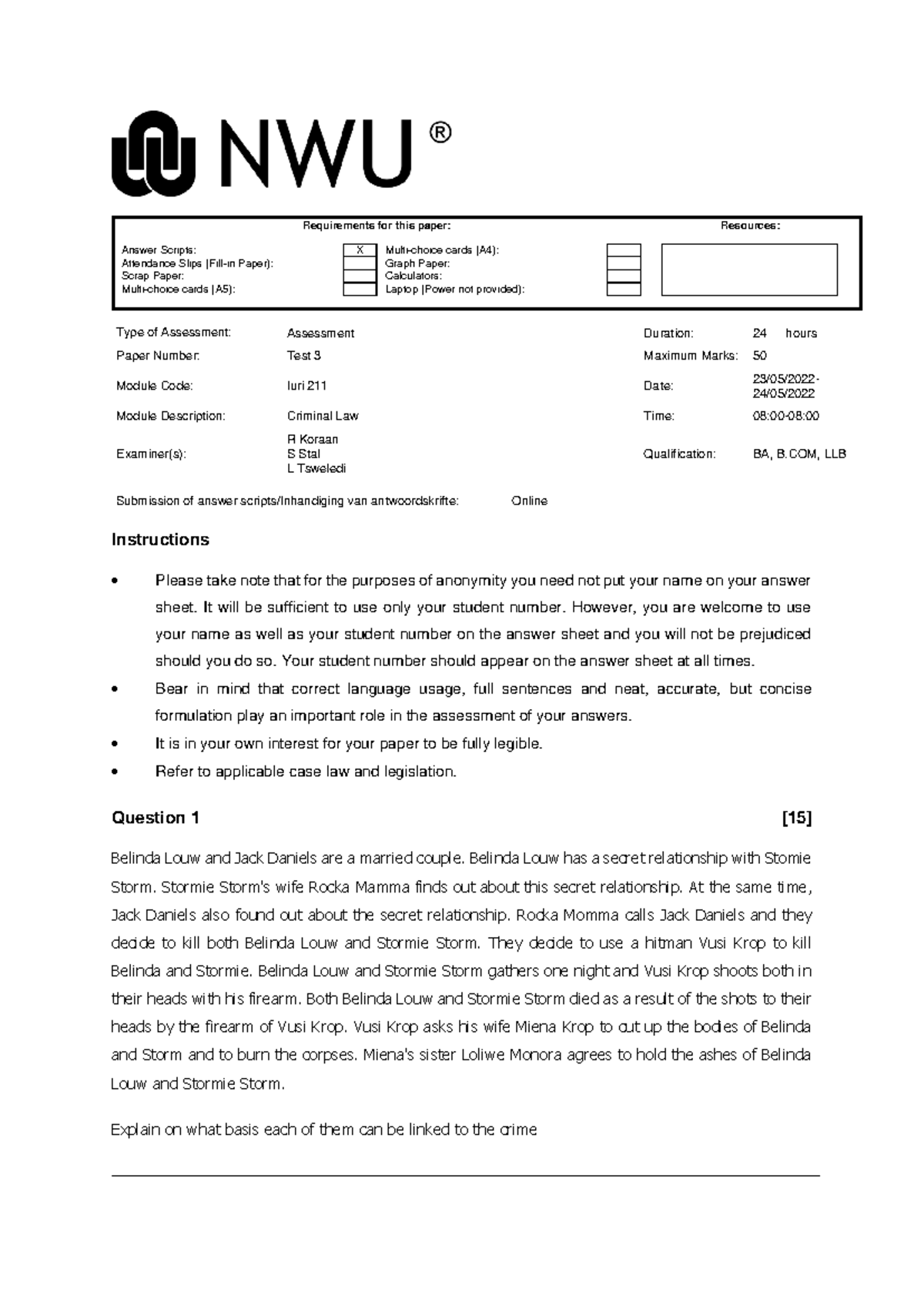Iuri 211 - Test 3 Guidelines & Questions for Criminal Law Exam - Studocu