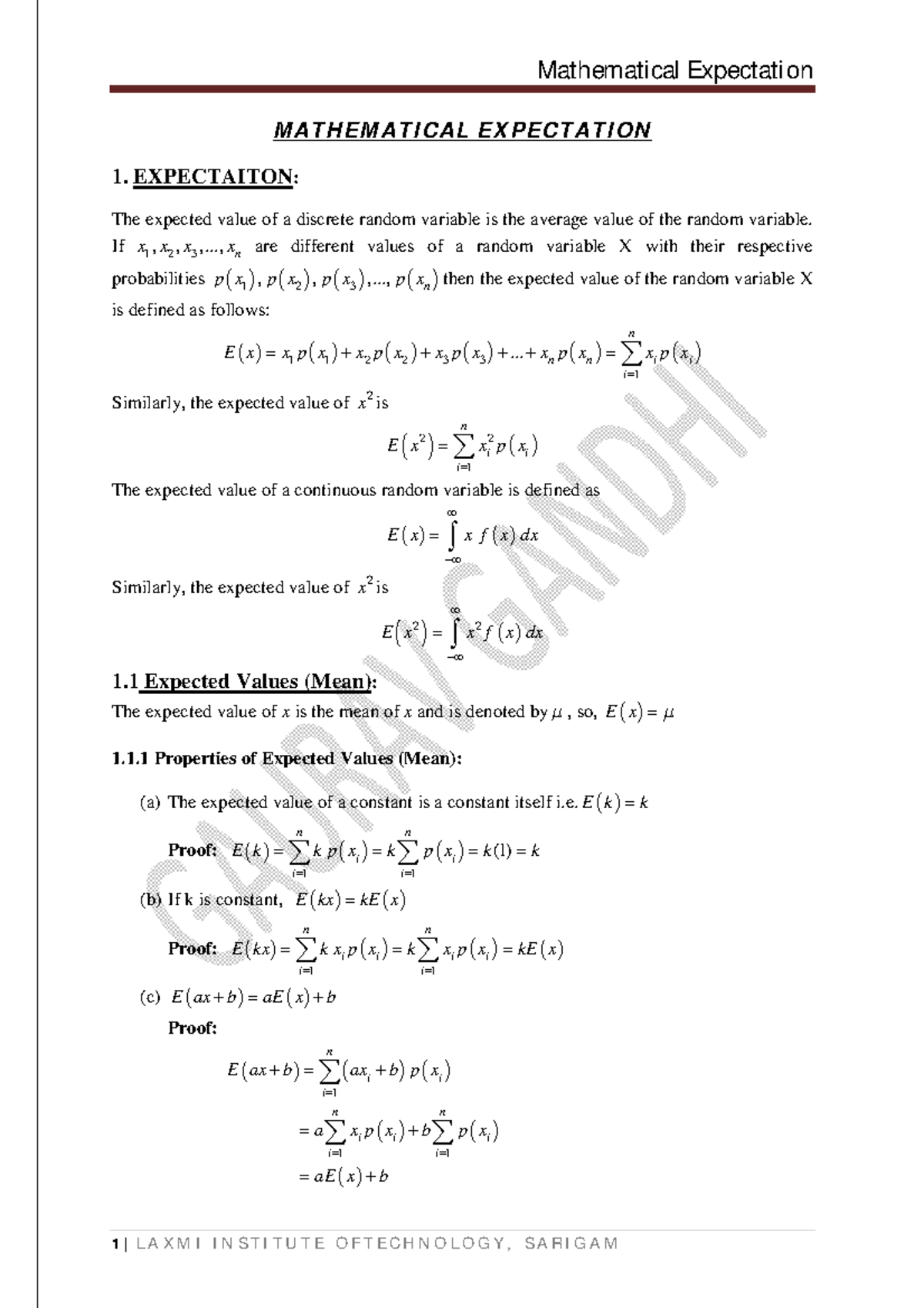 Unit 3 Mathematical Expectation - MATHEMATICAL EXPECTATION 1 ...