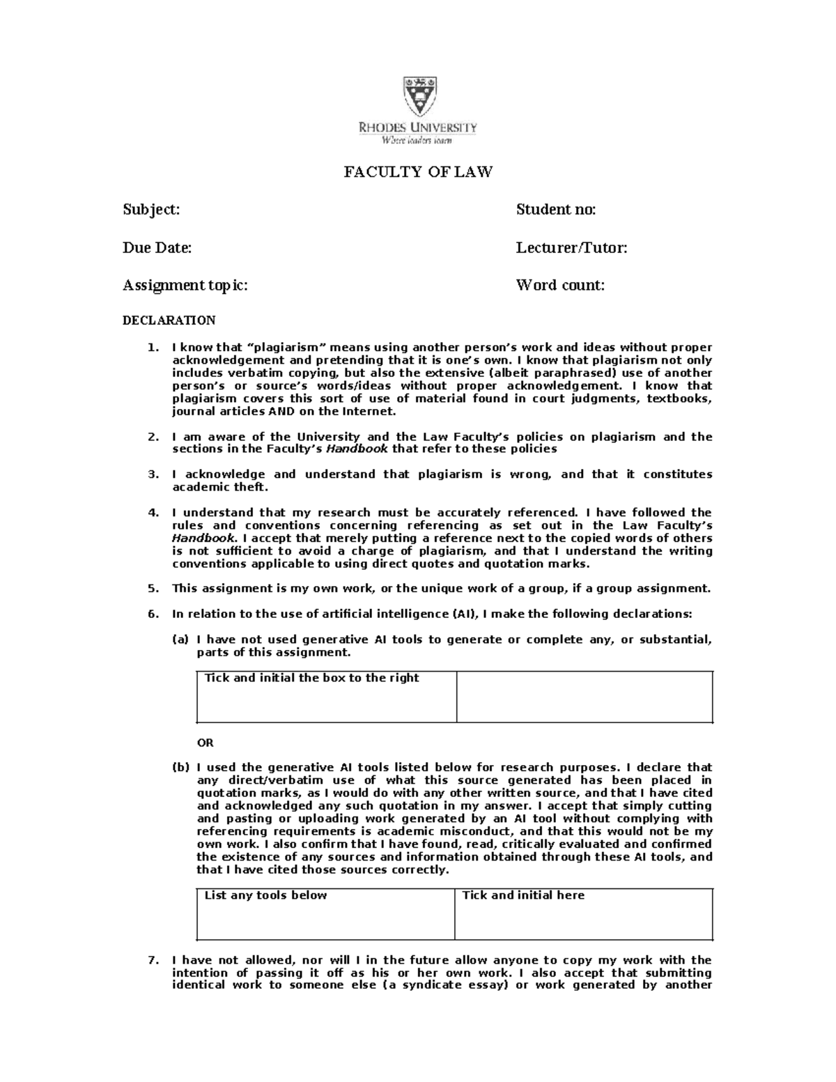 LAW 2026: Plagiarism Declaration for Assignment Submission - Studocu