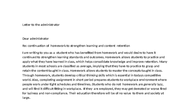 Letter to the Administrator: Advocating for Homework Continuation - Studocu