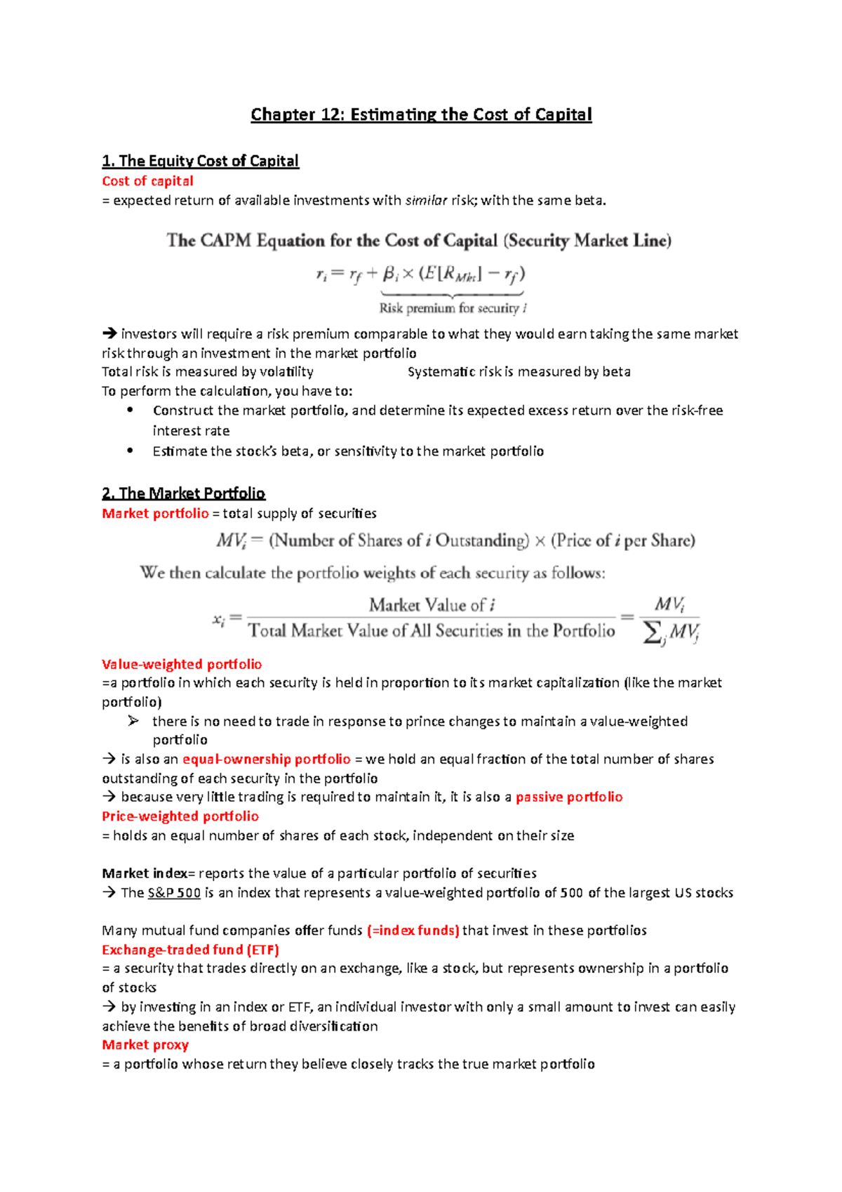 Summary - Chapter 12 - Chapter 12: Estimating the Cost of Capital 1 ...
