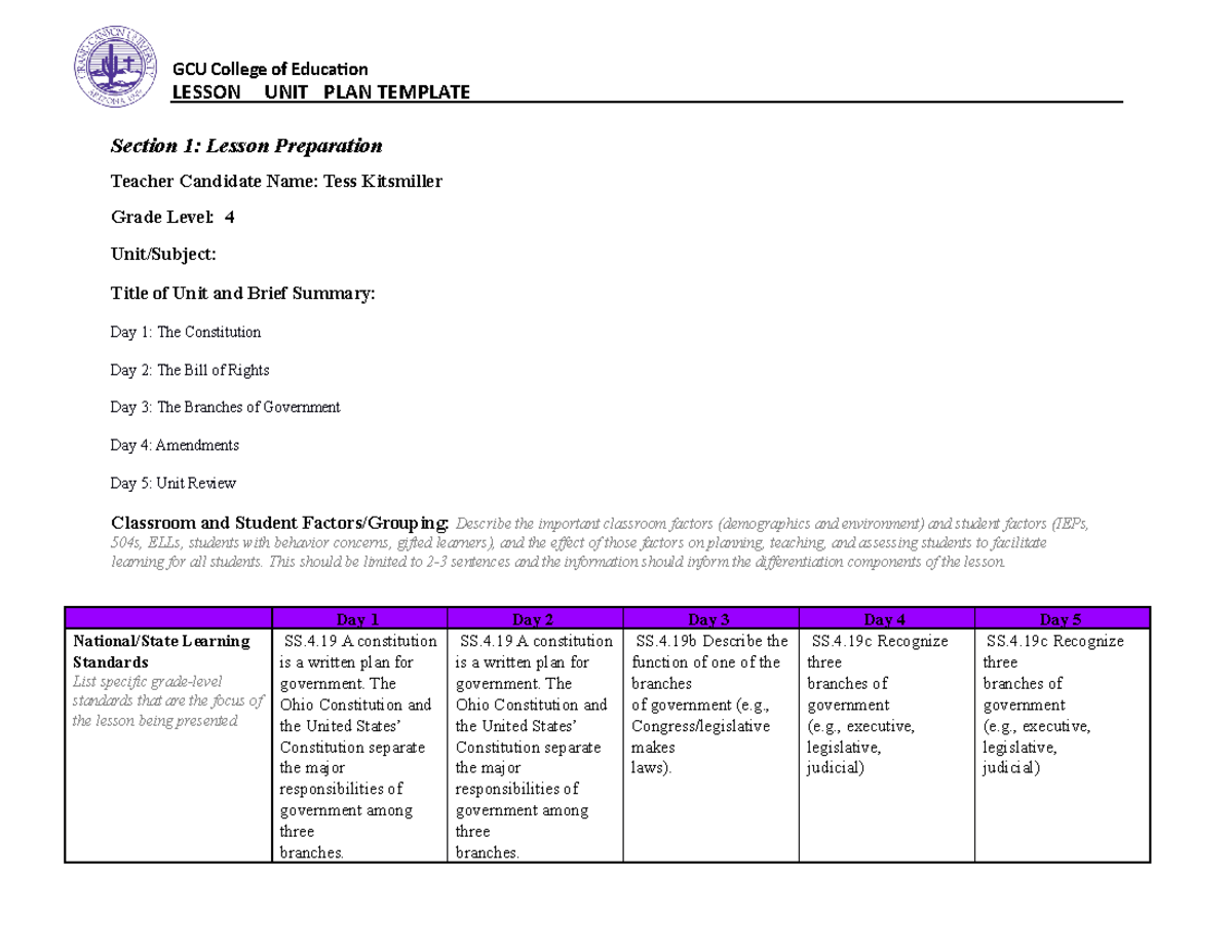 Elm 351 - 5-Day Lesson Plan on Government Concepts - Studocu