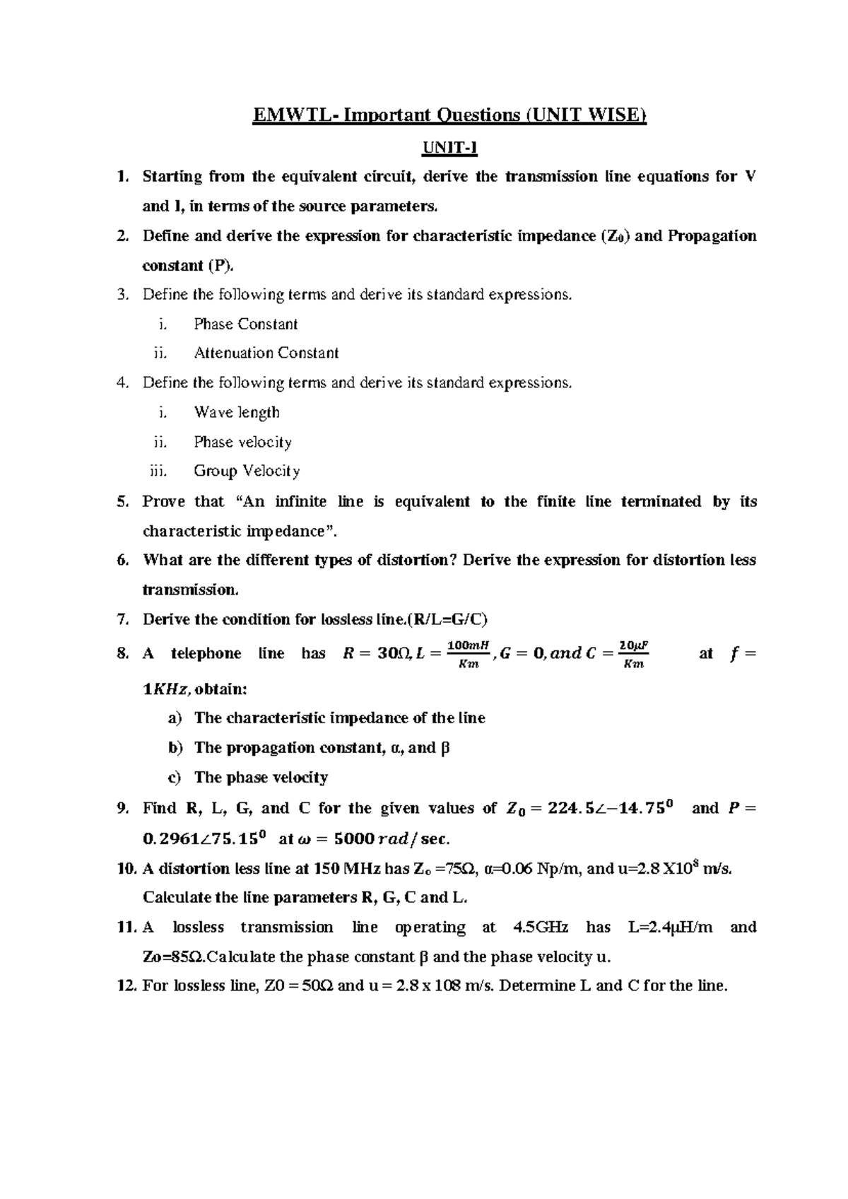 EMWTL - UNIT WISE Important Questions Compilation - Studocu