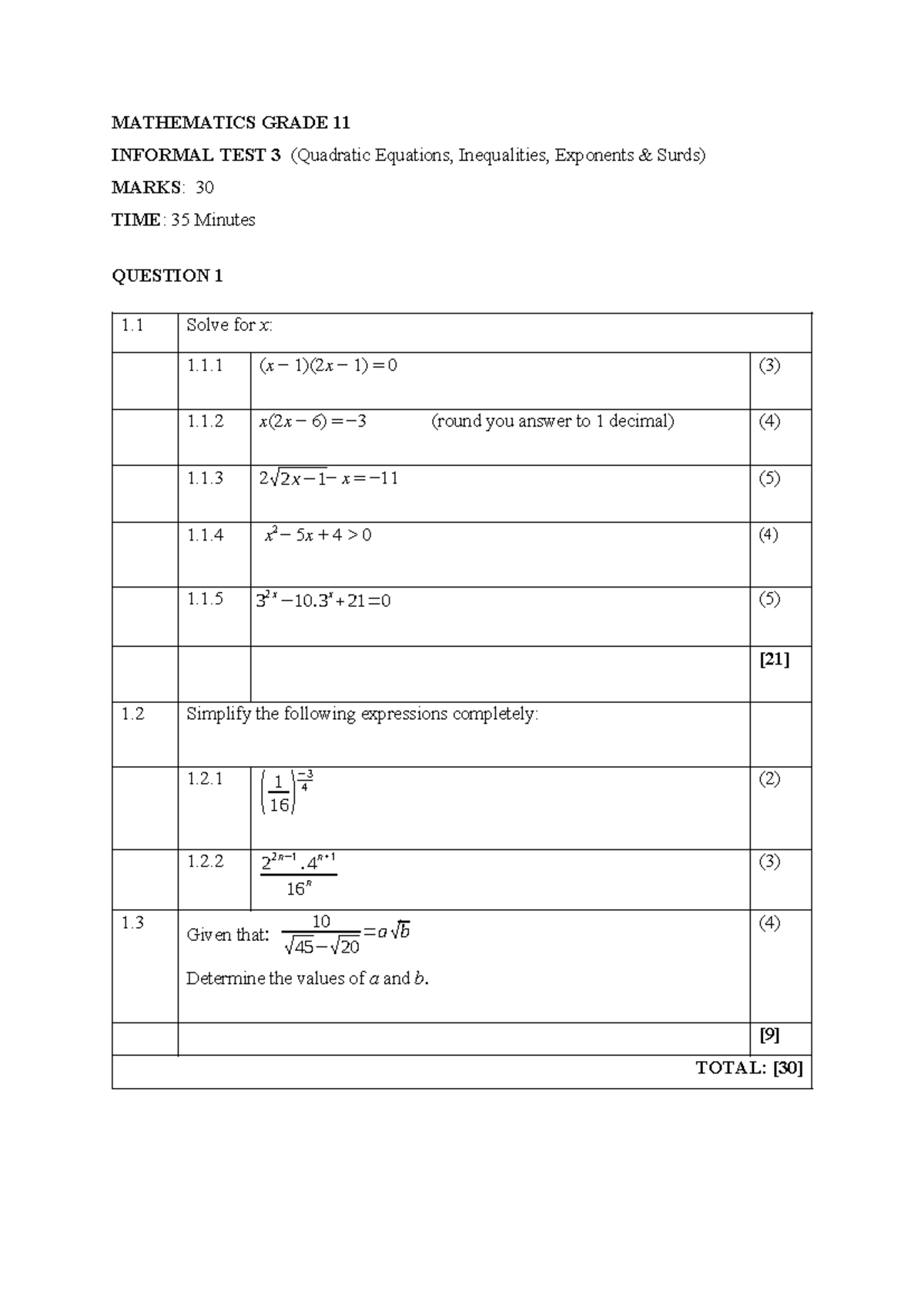 Mathematics G11 - Informal Test 3: Quadratics, Inequalities & Exponents ...