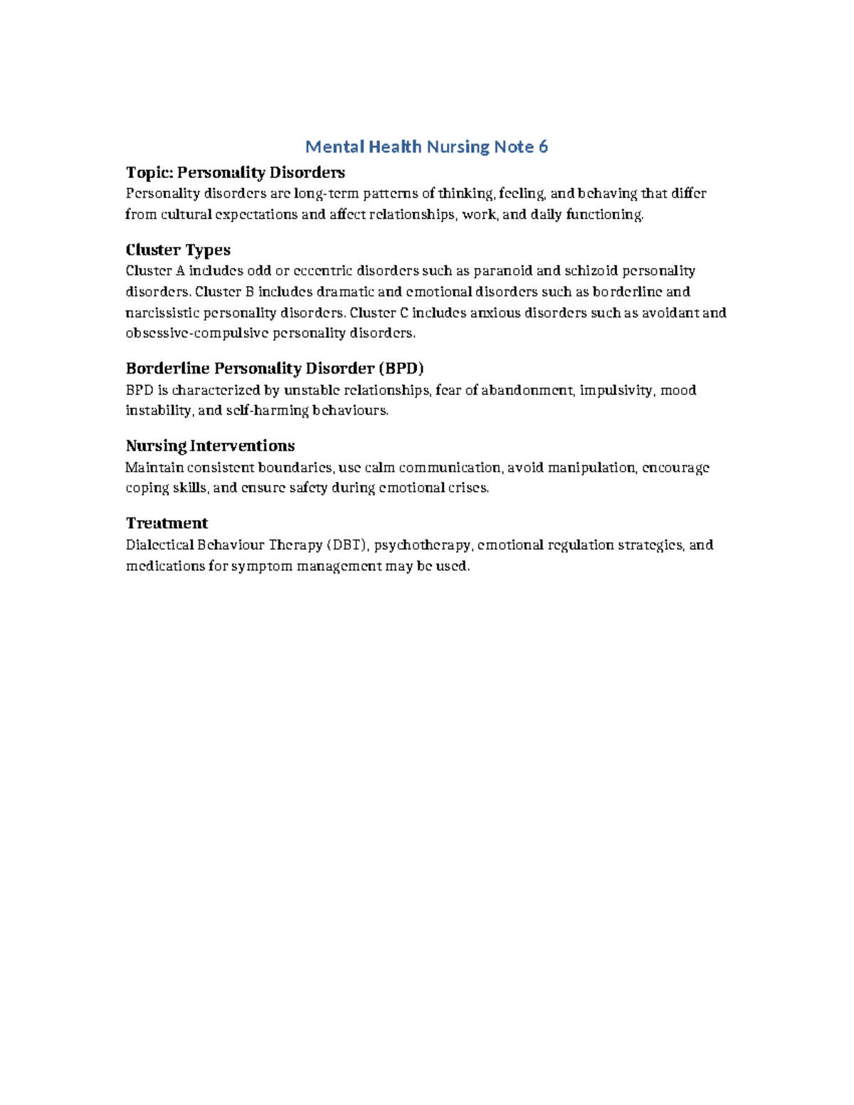Mental Health Nursing Note 6: Understanding Personality Disorders - Studocu