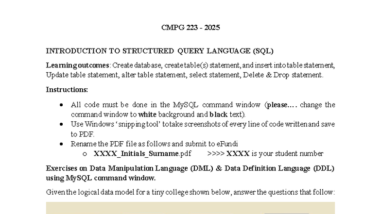 CMPG 223 2025 SQL DML & DDL Exercises for Tiny College - Studocu