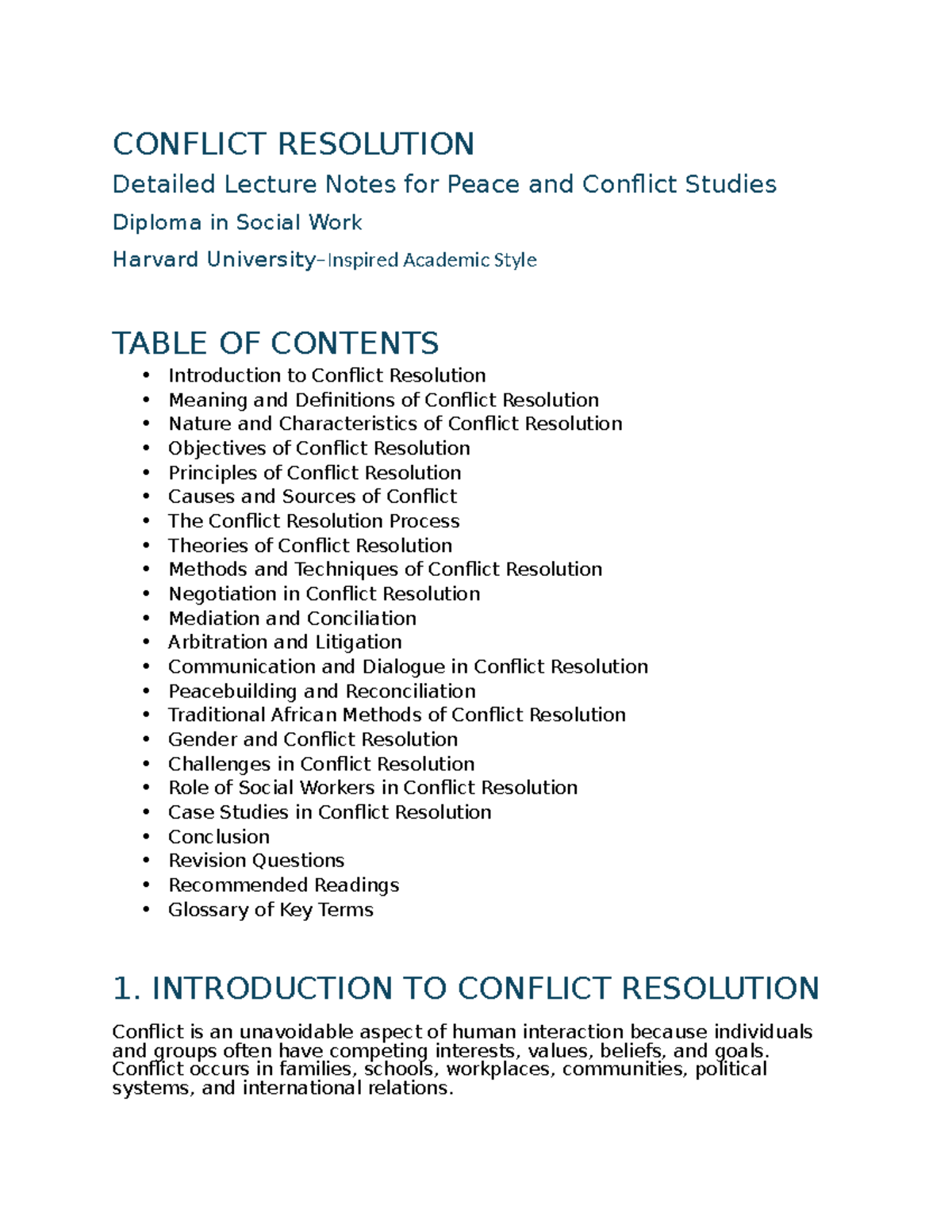 Conflict Resolution Lecture Notes for Peace and Conflict Studies (SWK ...