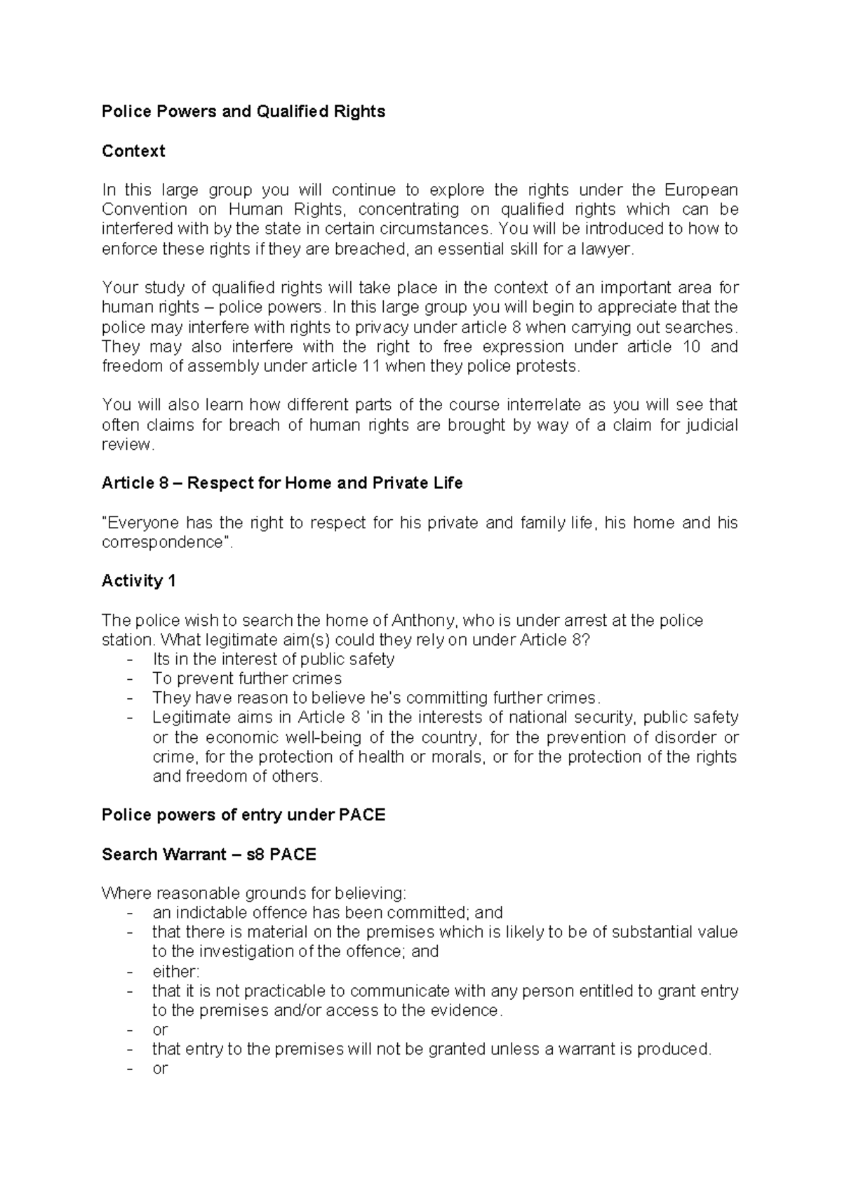 Public Law - Unit 8: Exploring Police Powers & Qualified Rights - Studocu
