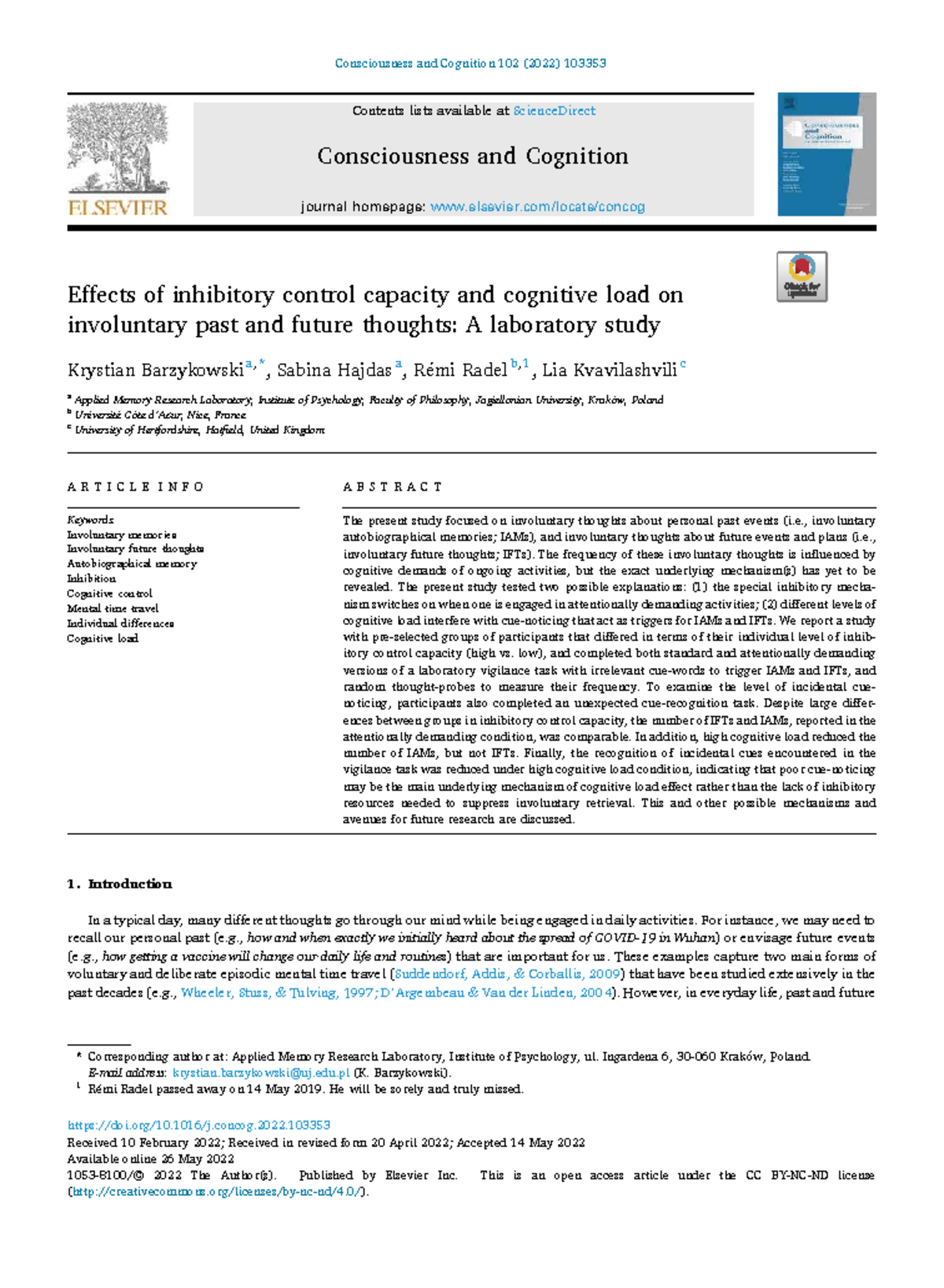 Effects of Inhibitory Control Capacity on Involuntary Thoughts: A Study ...