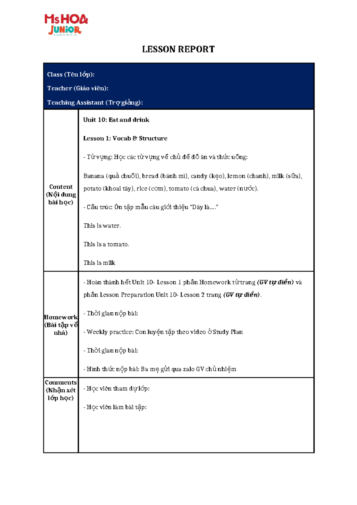 Lesson Report: Unit 10, Lesson 1 - Explorer 1 Vocab on Food & Drink ...