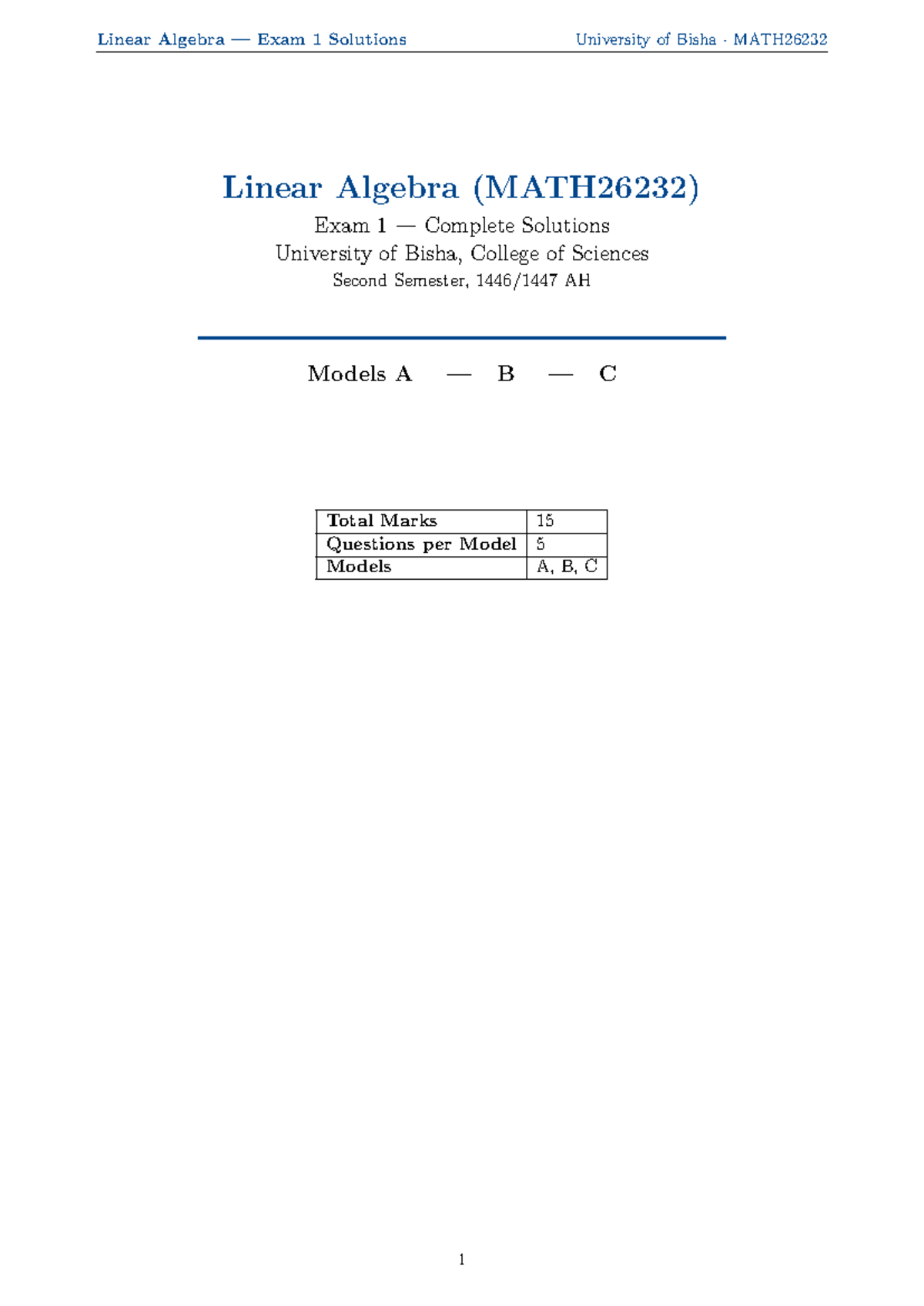 Linear Algebra Exam 1 Solutions MATH26232 - Complete Answers - Studocu