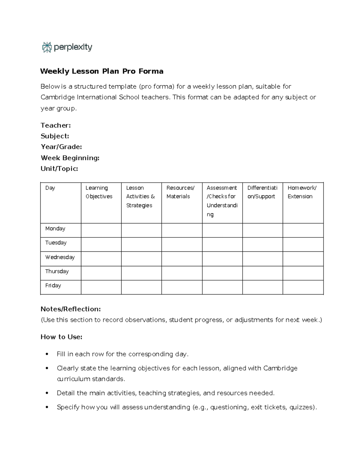 Cambridge Weekly Lesson Plan Template for Teachers - Studocu