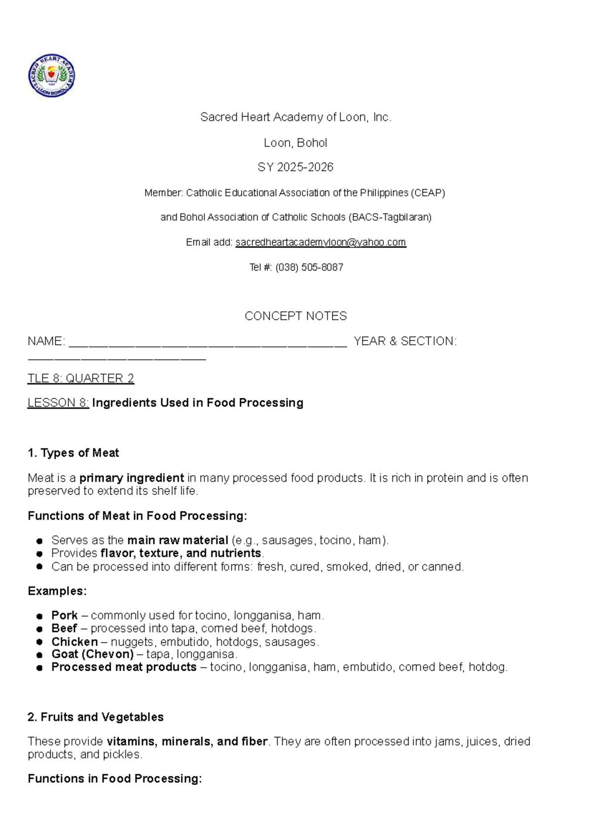 TLE 8: Quarter 2 Lesson 8 - Ingredients in Food Processing Notes - Studocu