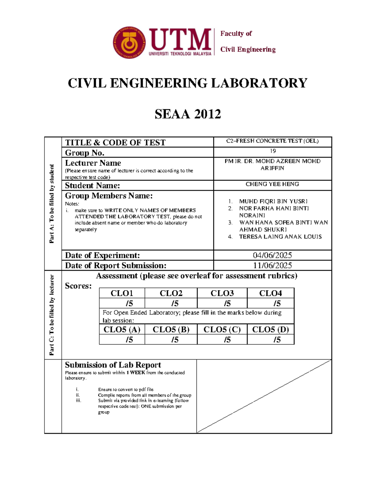 CIVIL ENGINEERING LAB REPORT: CONCRETE TEST OEL - SEAA 2012 - Studocu