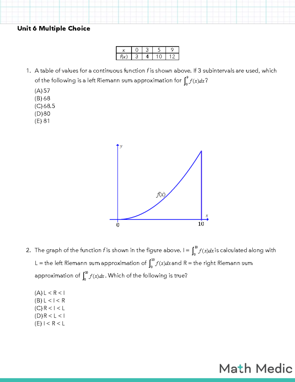 Calc - Unit 6 Multiple Choice Questions on Riemann Sums - Studocu