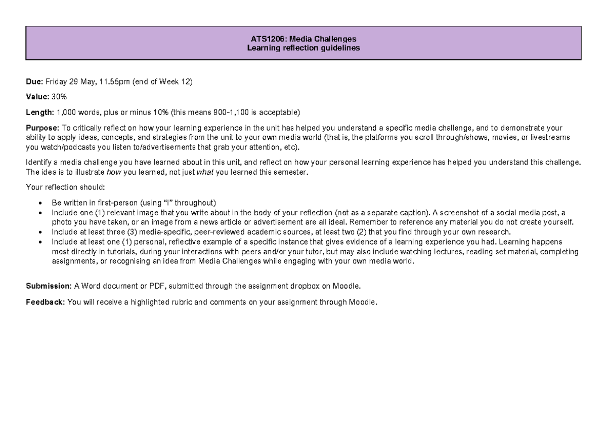 ATS1206: Media Challenges Learning Reflection Guidelines - Studocu