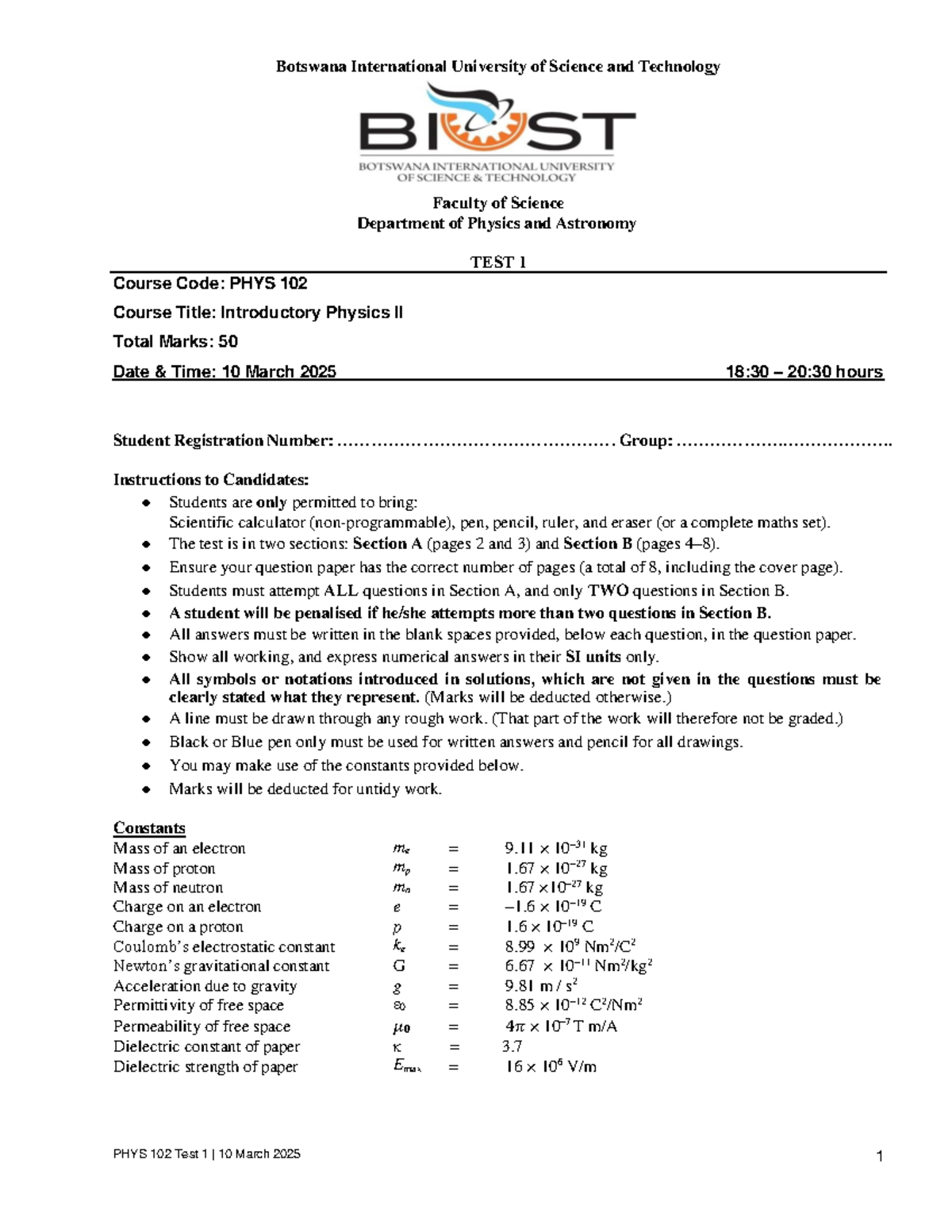 2025 PHYS 102 Test 1 - Introductory Physics II Exam - Studocu